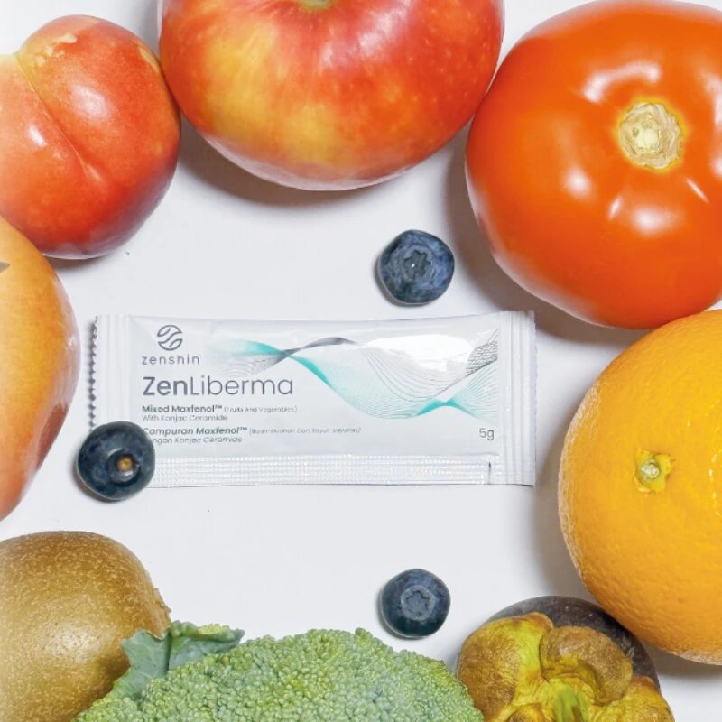 ZenLiberma sachet surrounded by fresh fruits and vegetables